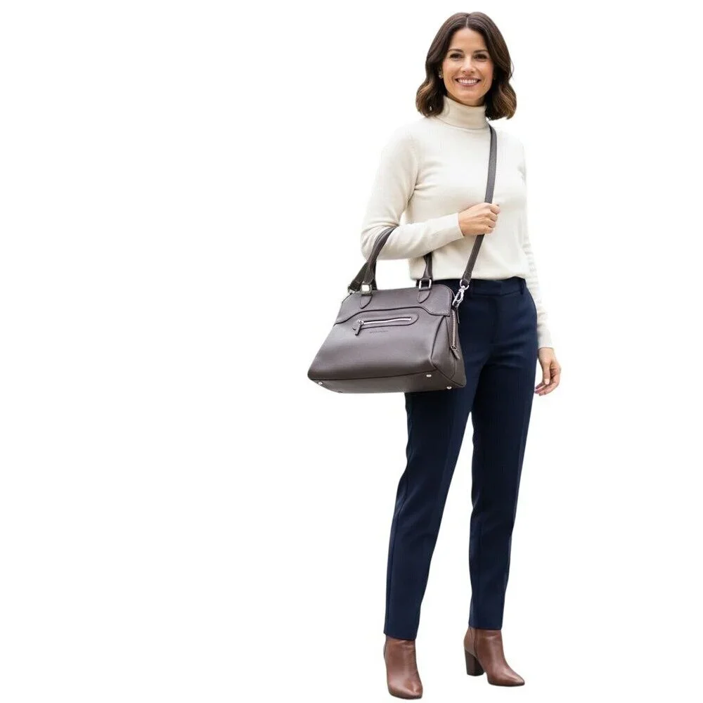 Longchamps Brown Pebbled Leather Top Handle Two Way Zip Satchel Crossbody